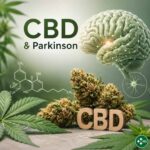 CBD und Parkinson Forschung mit Cannabisblüten, Hanfblättern, Gehirnmodell und Cannabinoid-Struktur.