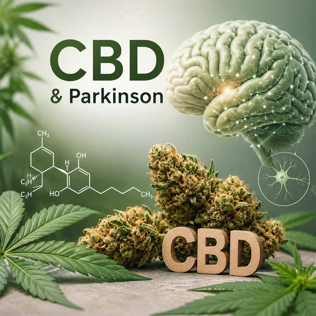 CBD und Parkinson Forschung mit Cannabisblüten, Hanfblättern, Gehirnmodell und Cannabinoid-Struktur.