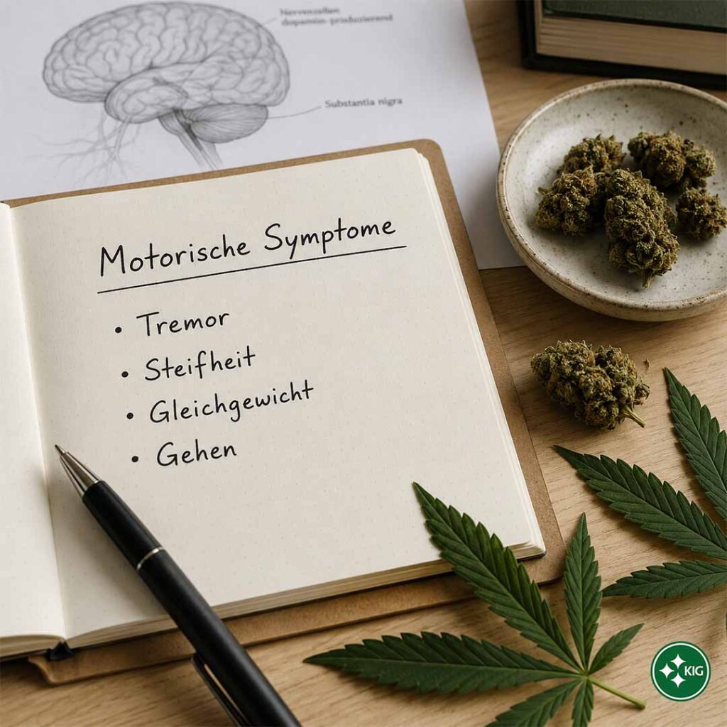 Notizbuch mit motorischen Parkinson-Symptomen wie Tremor, Steifheit, Gleichgewicht und Gehen neben Cannabisblüten und Hanfblättern.