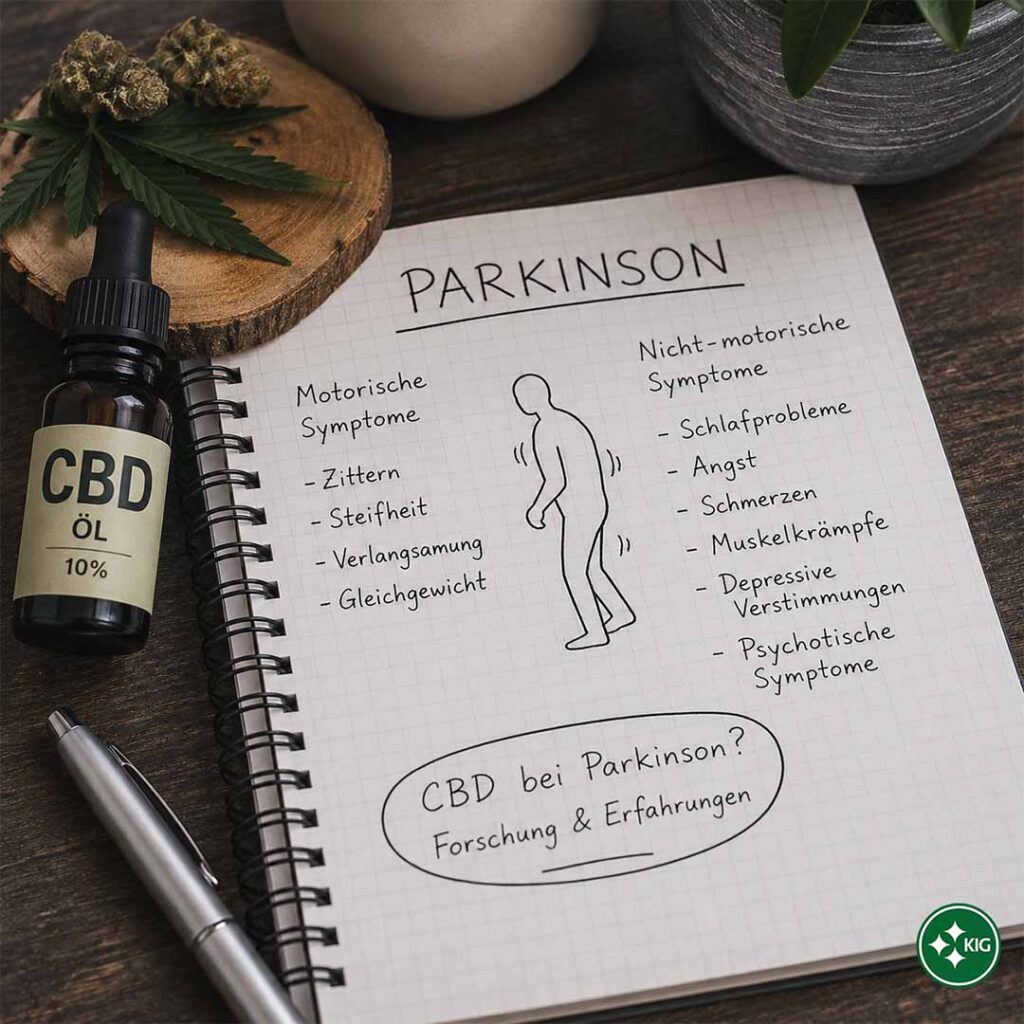 Notizbuch mit Übersicht zu motorischen und nicht motorischen Parkinson-Symptomen neben CBD-Bezug und Cannabisblüten als Symbol für Forschung in der Schweiz.