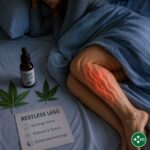Unruhige Beine im Bett mit Cannabisblättern und CBD als Symbol für Restless Legs und Schlafprobleme in der Schweiz