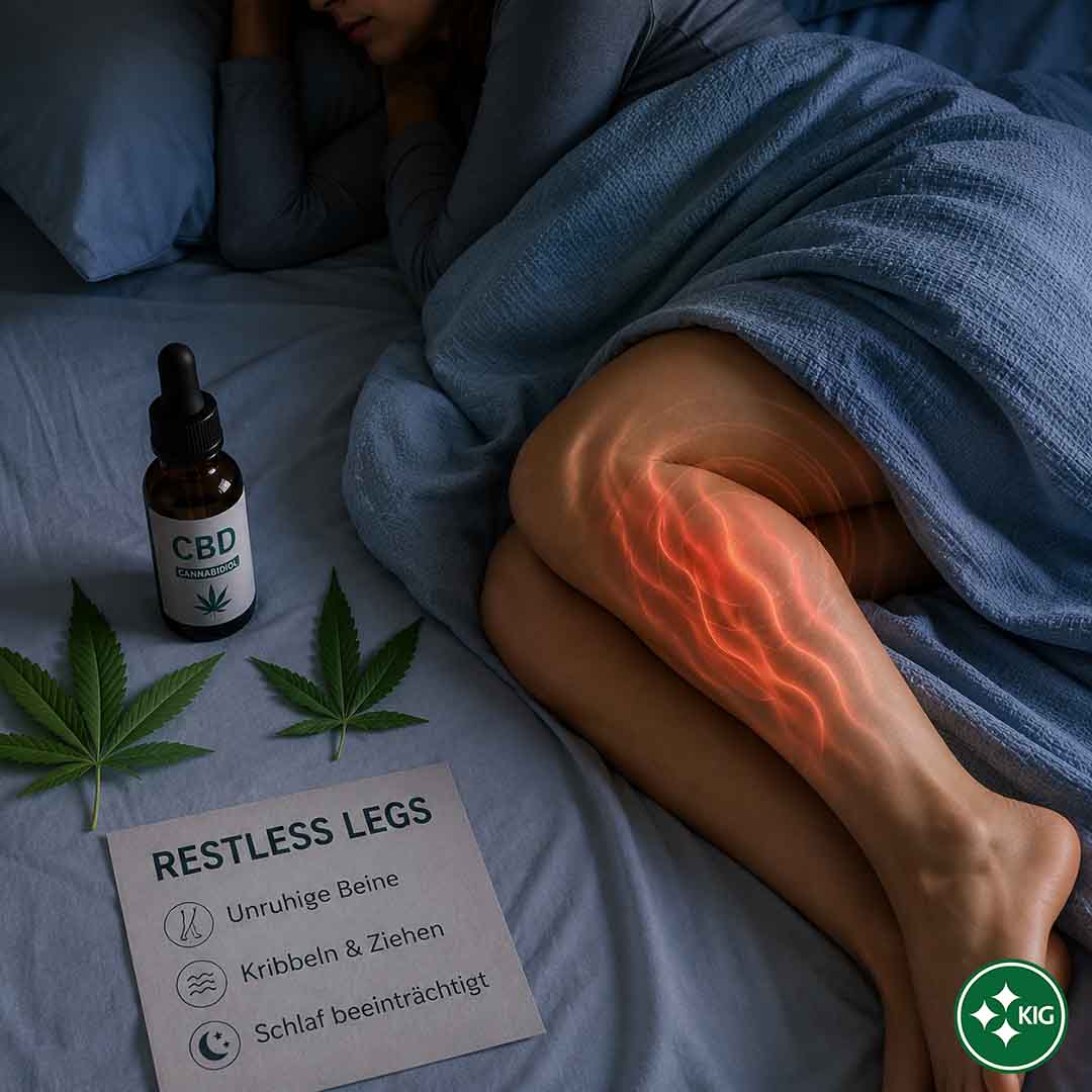 Unruhige Beine im Bett mit Cannabisblättern und CBD als Symbol für Restless Legs und Schlafprobleme in der Schweiz