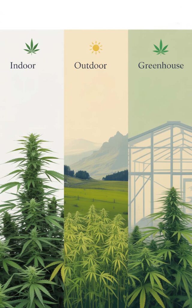 minimalist infographic comparing three CBD hemp grow methods in Switzerland: Indoor – sleek white background, dense trichome-rich buds; Outdoor – natural alpine field with sun icon; Greenhouse – semi-transparent structure with mixed light; include subtle Swiss flag elements, clean typography, elegant color palette (green, beige, white), Herba di Berna design language, flat 2.5D vector style, 16:9, perfect for website education