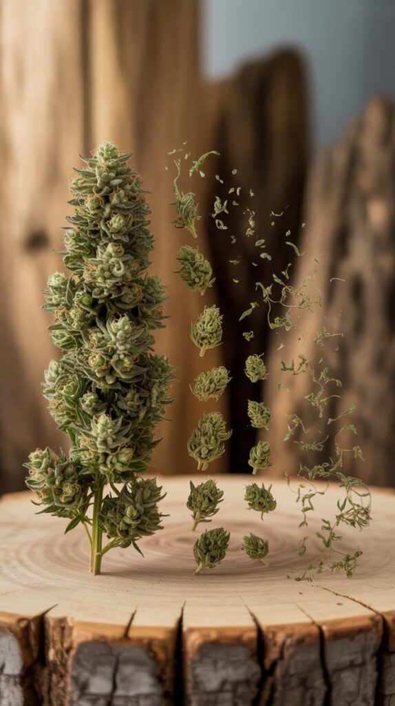 Künstlerische Komposition von CBD Blüten, Mini Buds und Trim in warmem Licht – Herba di Berna Schweiz