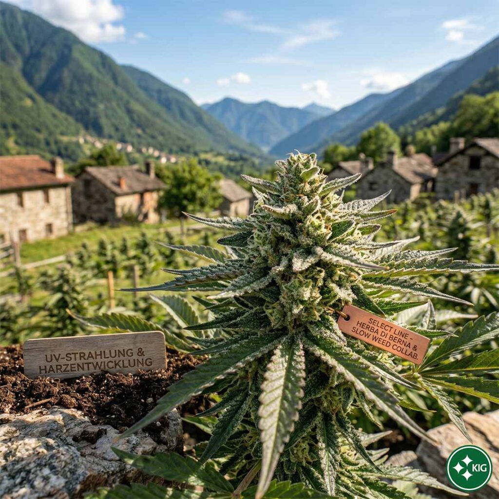 Blühende CBD-Pflanze im sonnigen Tessin: Intensive UV-Strahlung fördert die Harzbildung und Trichome bei Slow Weed.