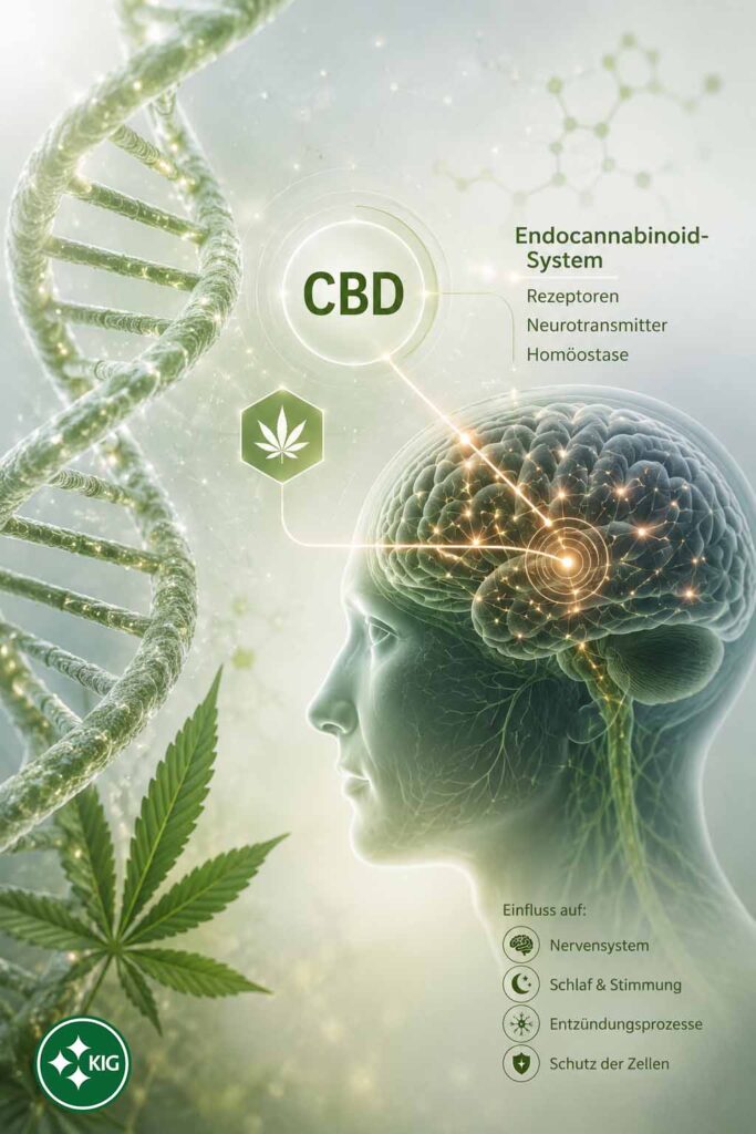 CBD und Endocannabinoid-System mit DNA-Strang, Gehirn und Cannabispflanze als Symbol für Forschung zu Demenz und Alzheimer