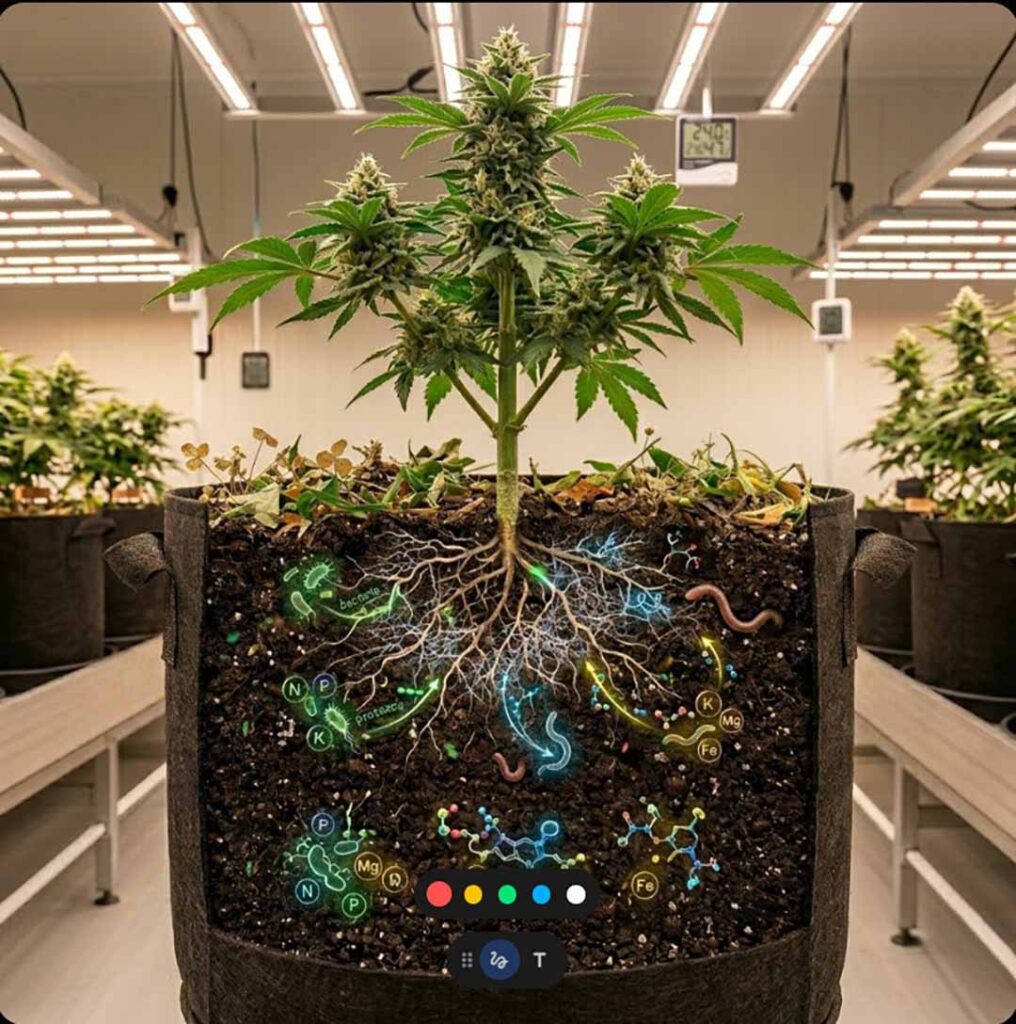 Ein Züchter kontrolliert mit einer Lupe die Trichome einer CBD-Blüte, um den optimalen Erntezeitpunkt für maximale Cannabinoide zu finden. (124 Zeichen)