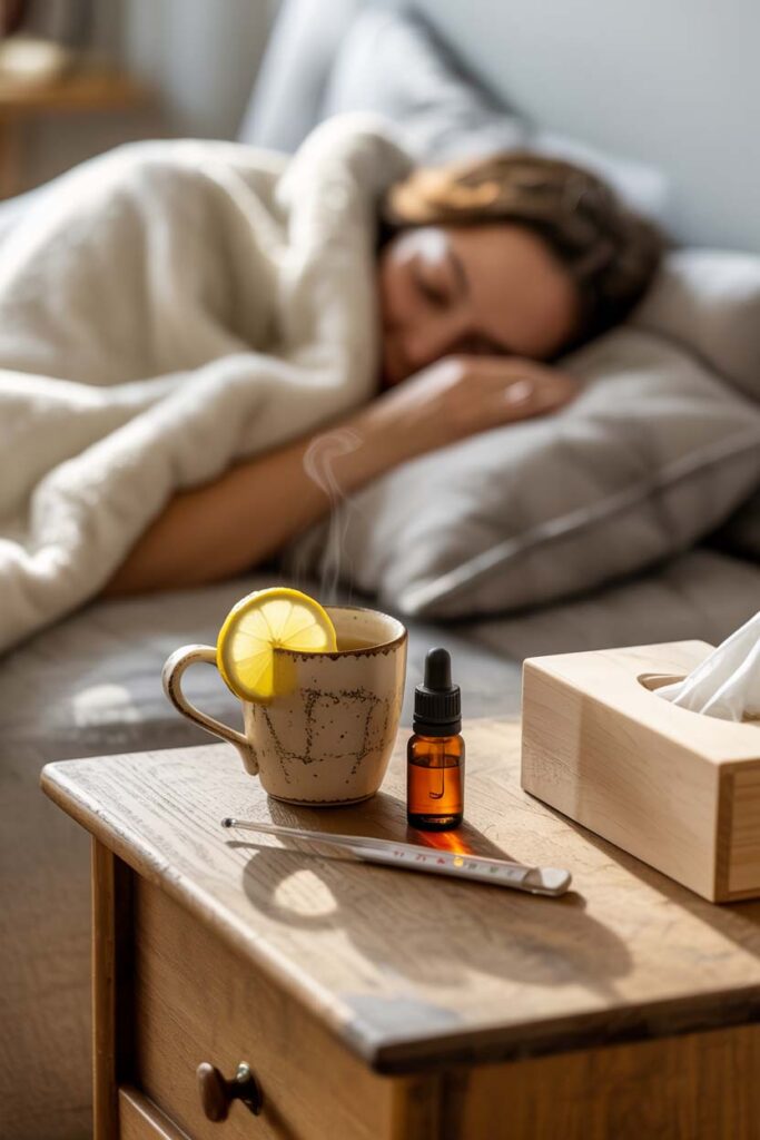 Nachttisch mit CBD-Öl, Tee und Taschentüchern neben erkälteter Person im Bett