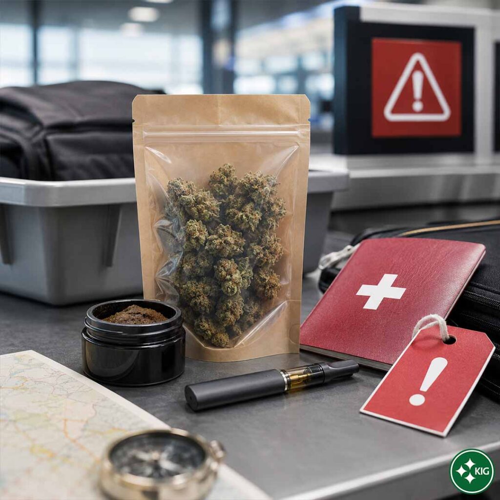 Fiori di CBD, hashish al CBD e vaporizzatori, insieme al passaporto svizzero e all’avviso di sicurezza, durante un controllo di frontiera: un’immagine simbolica dei viaggi con prodotti al CBD dalla Svizzera verso l’estero.