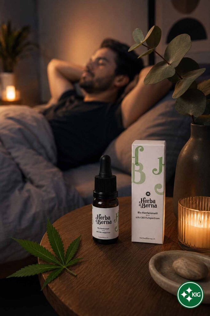 Herba di Berna CBD-Produkt neben einer ruhenden Person am Abend als Symbol für CBD, Schlaf und innere Ruhe