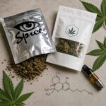 Cannabispflanze mit CBD und THC Strukturformeln als Symbol für natürliche und chemisch veränderte Cannabinoide in der Schweiz.