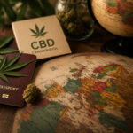 Reisepass, Weltkarte, Hanfblatt und CBD Symbol als Hinweis auf CBD und Reisen aus der Schweiz ins Ausland.