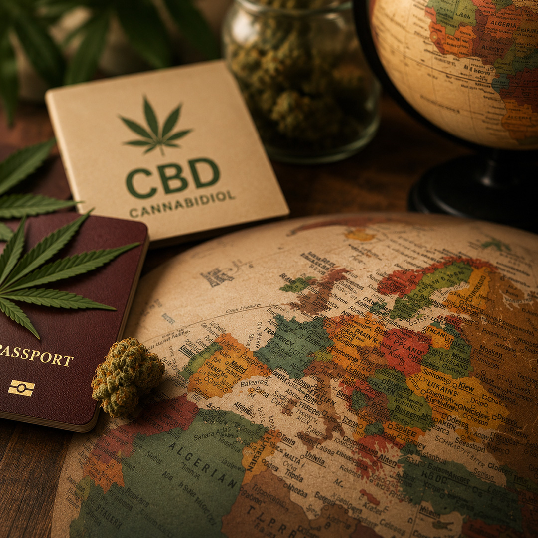 Reisepass, Weltkarte, Hanfblatt und CBD Symbol als Hinweis auf CBD und Reisen aus der Schweiz ins Ausland.