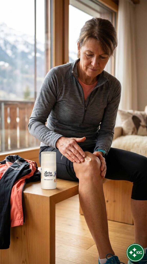 Eine Sportlerin trägt das CBD Gelenkgel von Herba di Berna mit Arnika und Rosskastanie zur Pflege nach dem Slow Jogging auf ihr Knie auf.