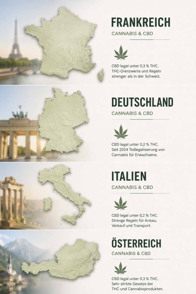 Mappe nazionali di Francia, Germania, Italia e Austria con informazioni sul CBD e sulla cannabis dal punto di vista di un consulente svizzero di Herba di Berna.