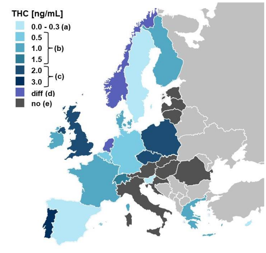 European overview map of THC limits in road traffic.