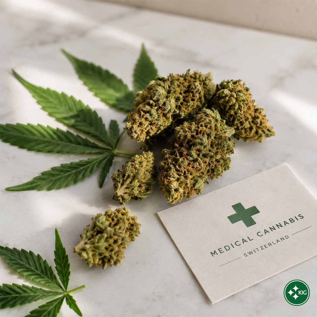 Cannabisblüten und Hanfblätter neben Karte mit Hinweis auf medizinisches Cannabis in der Schweiz.