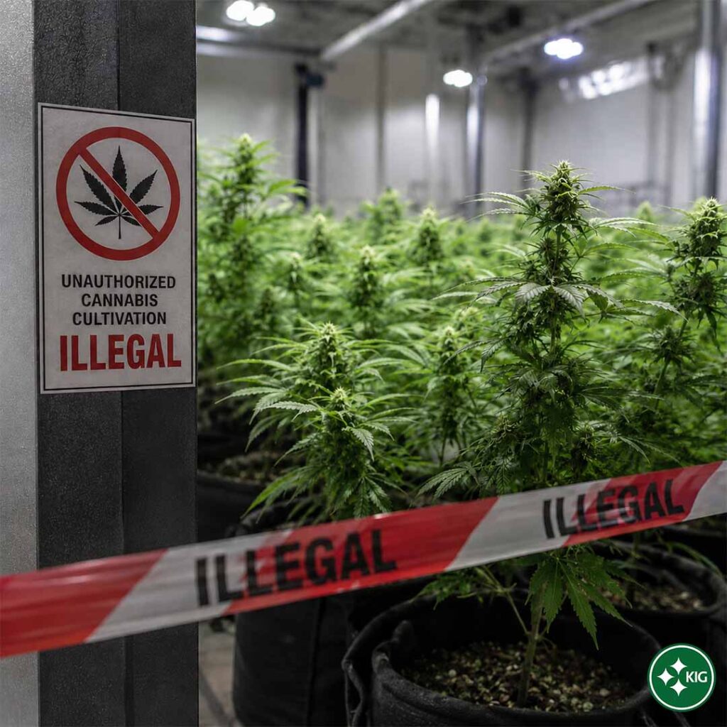 Cannabispflanzen in einem Indoor-Growraum mit Warnschild und Absperrband mit dem Hinweis auf illegalen, nicht bewilligten Anbau. Herba di Berna Schweiz CBD