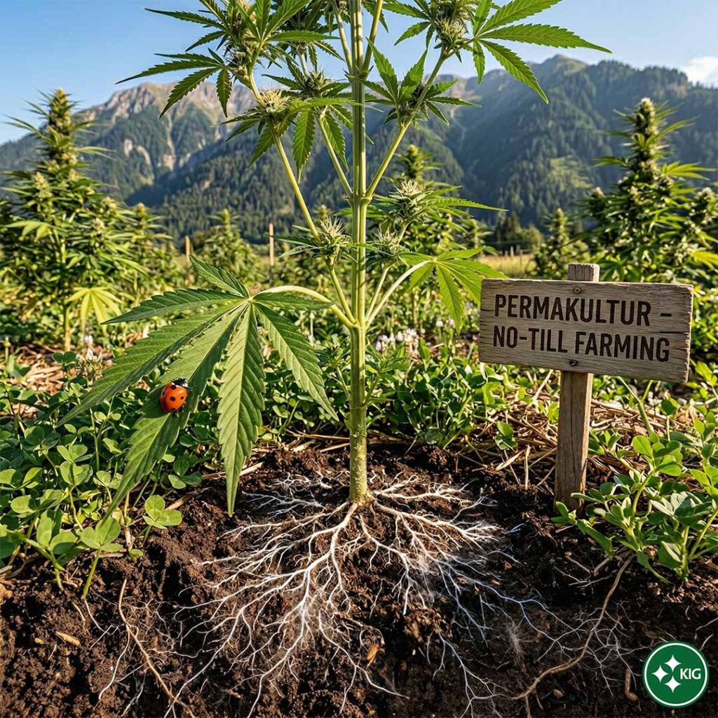 Cannabis-Pflanze im Tessin zeigt intaktes Wurzelwerk im No-Till-Boden mit Marienkäfer auf dem Blatt.