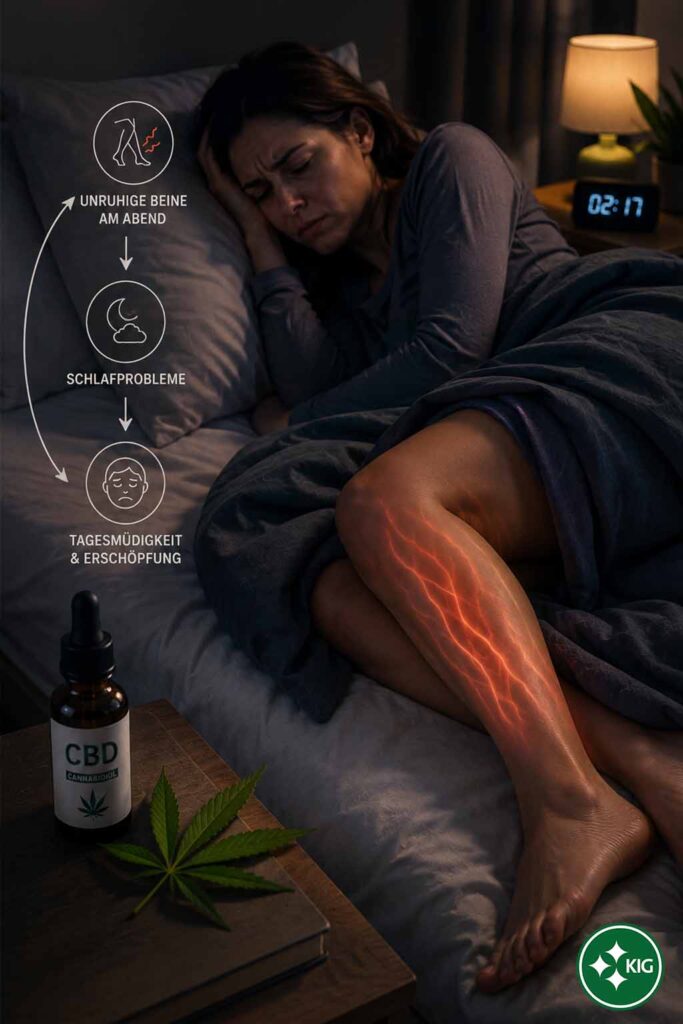 Person mit unruhigen Beinen im Bett als Symbol für Restless Legs, Schlafprobleme und Tagesmüdigkeit mit CBD-Bezug