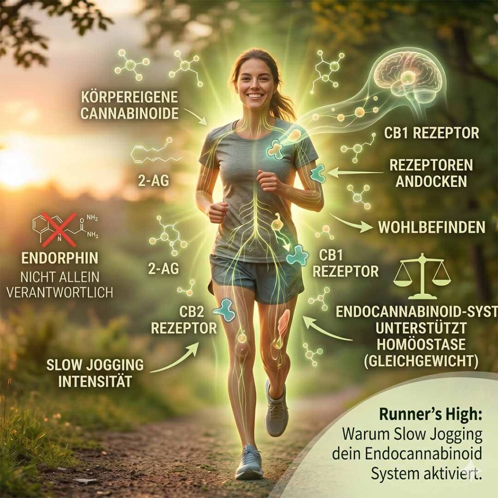 Eine Frau beim Slow Jogging in der Natur mit Infografik-Elementen, die die Aktivierung des Endocannabinoid-Systems und die Ausschüttung körpereigener Cannabinoide für das Runner's High zeigen.