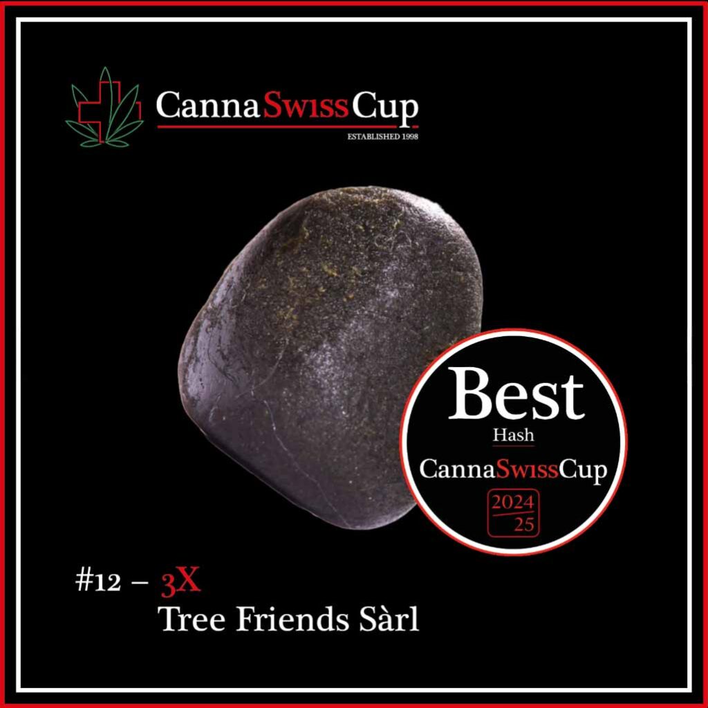 Vierteilige Collage mit Einblicken in das Slow Weed Greenhouse, die Tessiner Alpenkulisse, Produkt-Pouches der SELECT Linie und einer Metallplakette mit der Gravur «Herkunft: Schweizer Alpen Anbau»