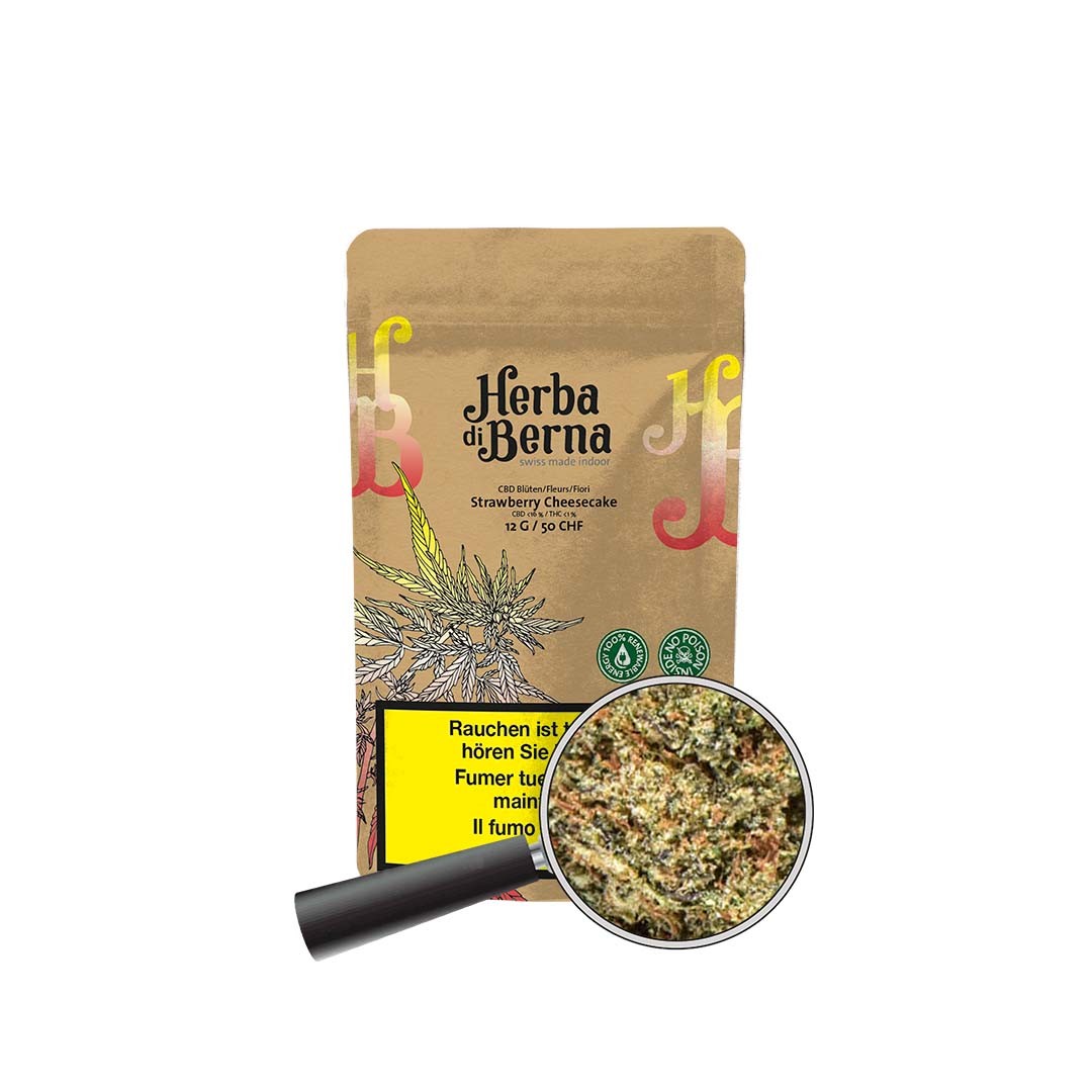 Eine genaue Detailaufnahme der Verpackung mit Lupe für alle Kunden die exklusive Strawberry Cheesecake Indoor CBD Blüten kaufen möchten