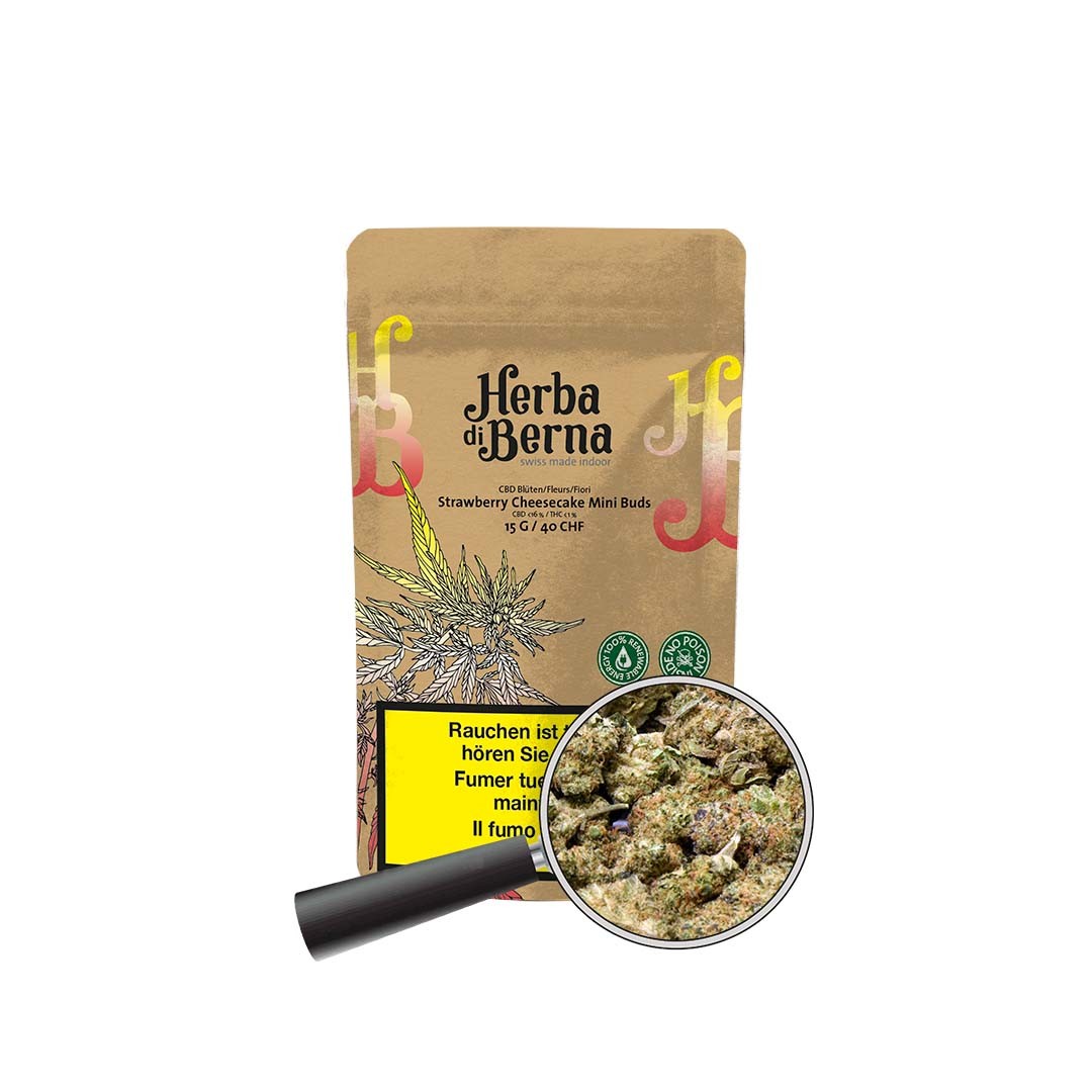Nahaufnahme der Herba di Berna Verpackung mit Lupe für alle Kunden die hochwertige Strawberry Cheesecake Mini Buds kaufen wollen