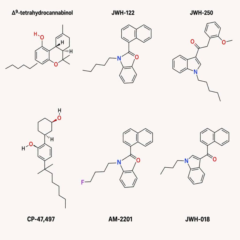 Fiori di cannabis, vaporizzatori e simbolo di avvertenza come indicazione della presenza di cannabinoidi sintetici, HHC e prodotti a base di cannabis contaminati in Svizzera.