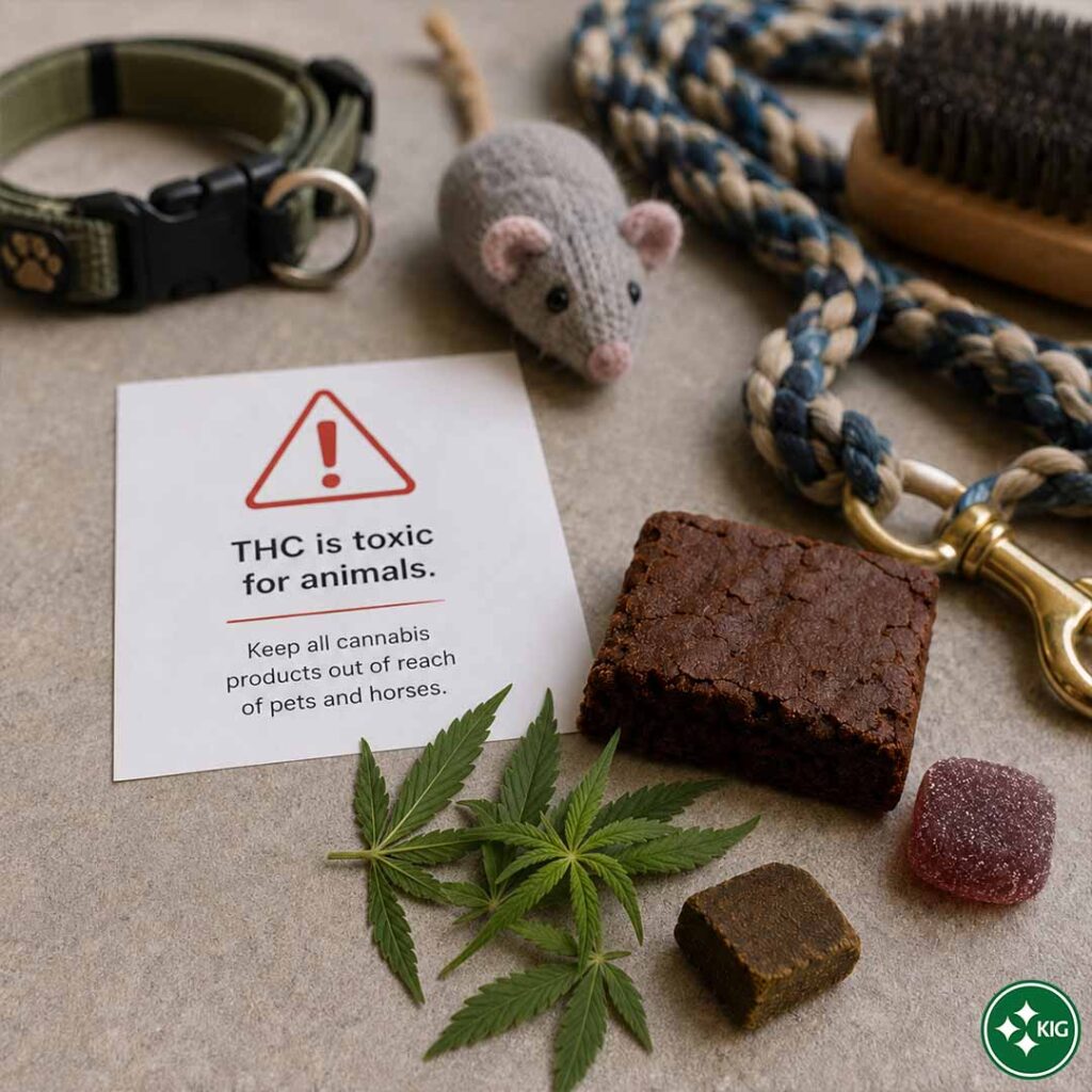 Warnhinweis zu THC für Tiere mit Cannabisblättern, Edibles, Hasch und Haustier-Zubehör als Symbol für sichere Aufbewahrung.