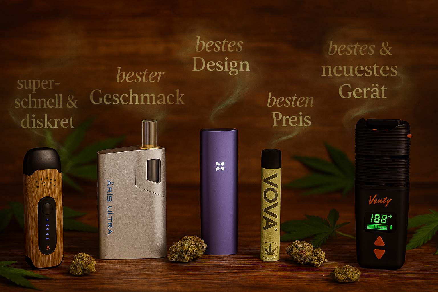 CBD Vape oder Vaporizer Cannabisblättern und Rauchschrift: Vita, Äris Ultra, PAX Plus, VOVA und Venty im Vergleich – Herba di Berna