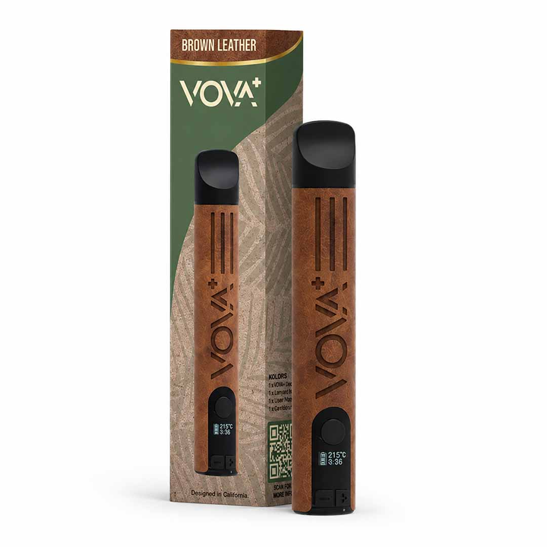 Vaporisateur VOVA Plus Brown Leather pour herbes sèches, dans son emballage d'origine